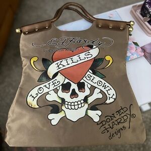 Ed Hardy Brown Tote with Skull and Heart Design